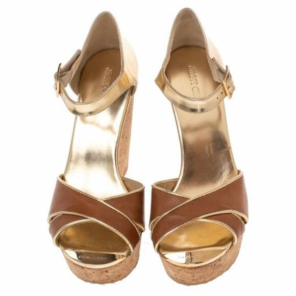 Jimmy Choo Brown/Metallic Gold Leather Pape Mirrored Cork Wedge Sandals Size 7 - Picture 2 of 16